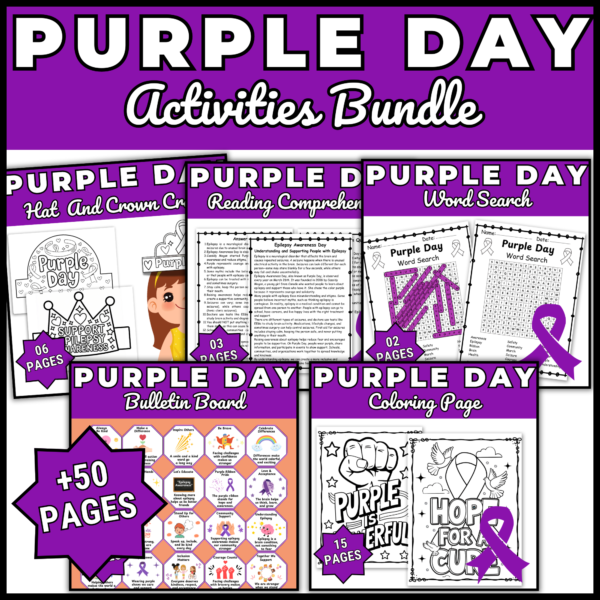 Epilepsy Awareness Day Activities Bundle | Purple Ribbon Coloring Pages & Crafts