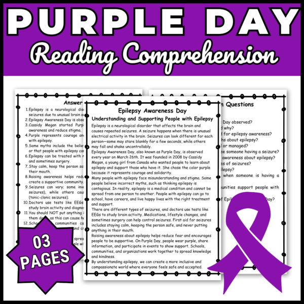 Epilepsy Awareness Day Reading Comprehension Passage & Questions | Purple Ribbon